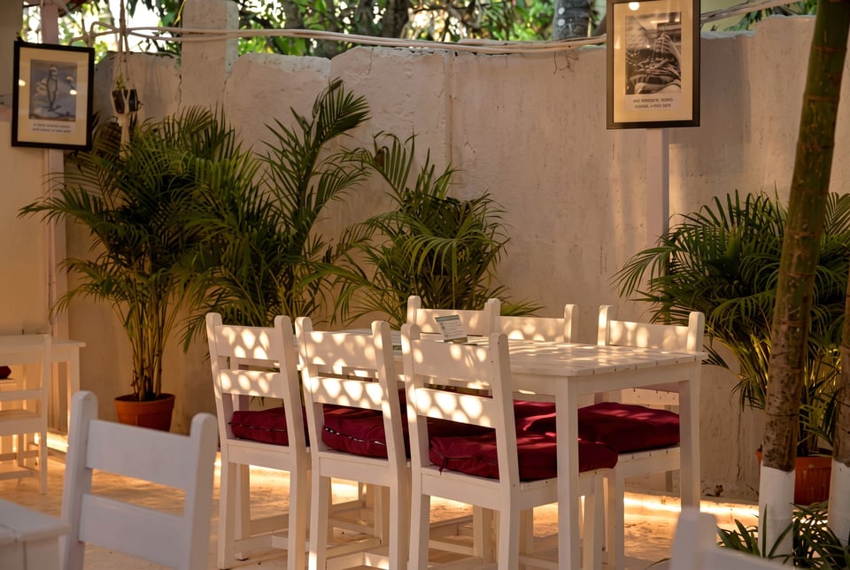 The indoor café dining room with white chairs and potted palms