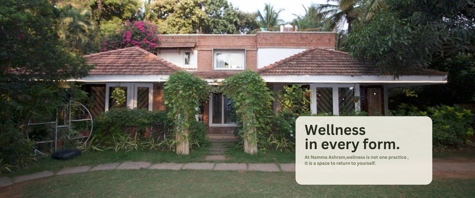 The Namma Ashram house and garden framed by greenery