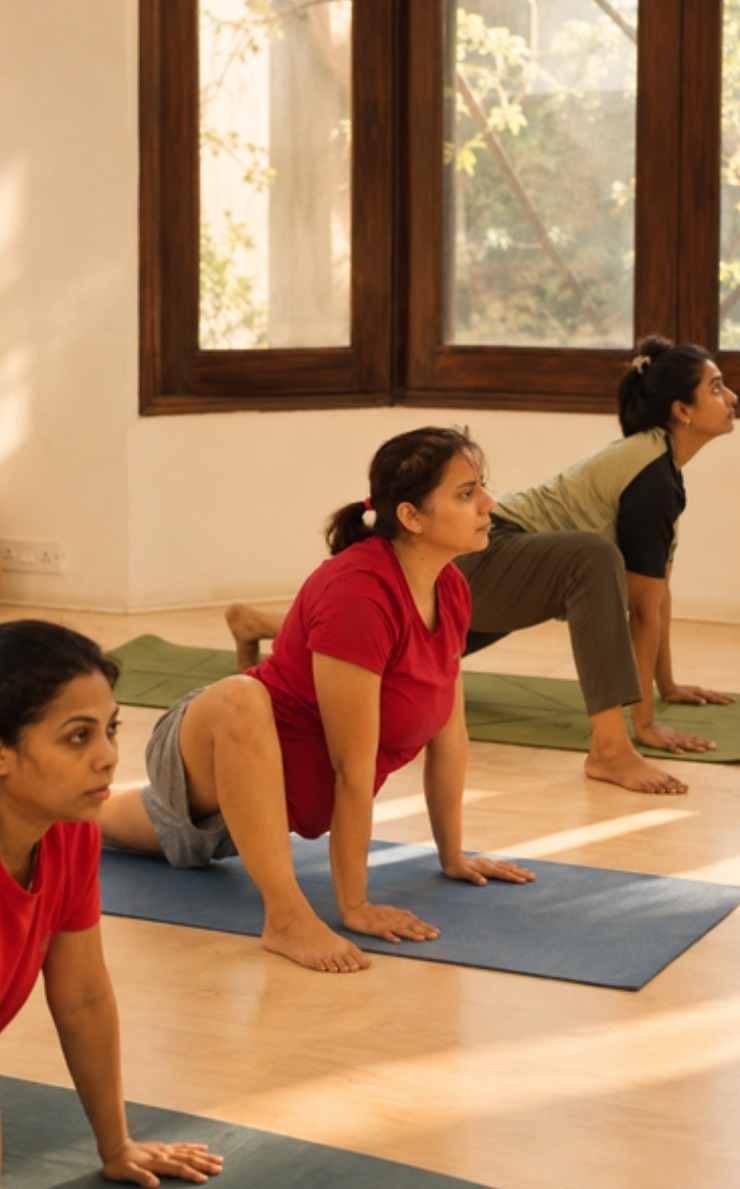 Women practising yoga on mats in a sunlit hall